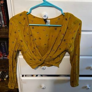 Yellow Floral Crop Top with Faux Wrapped Front